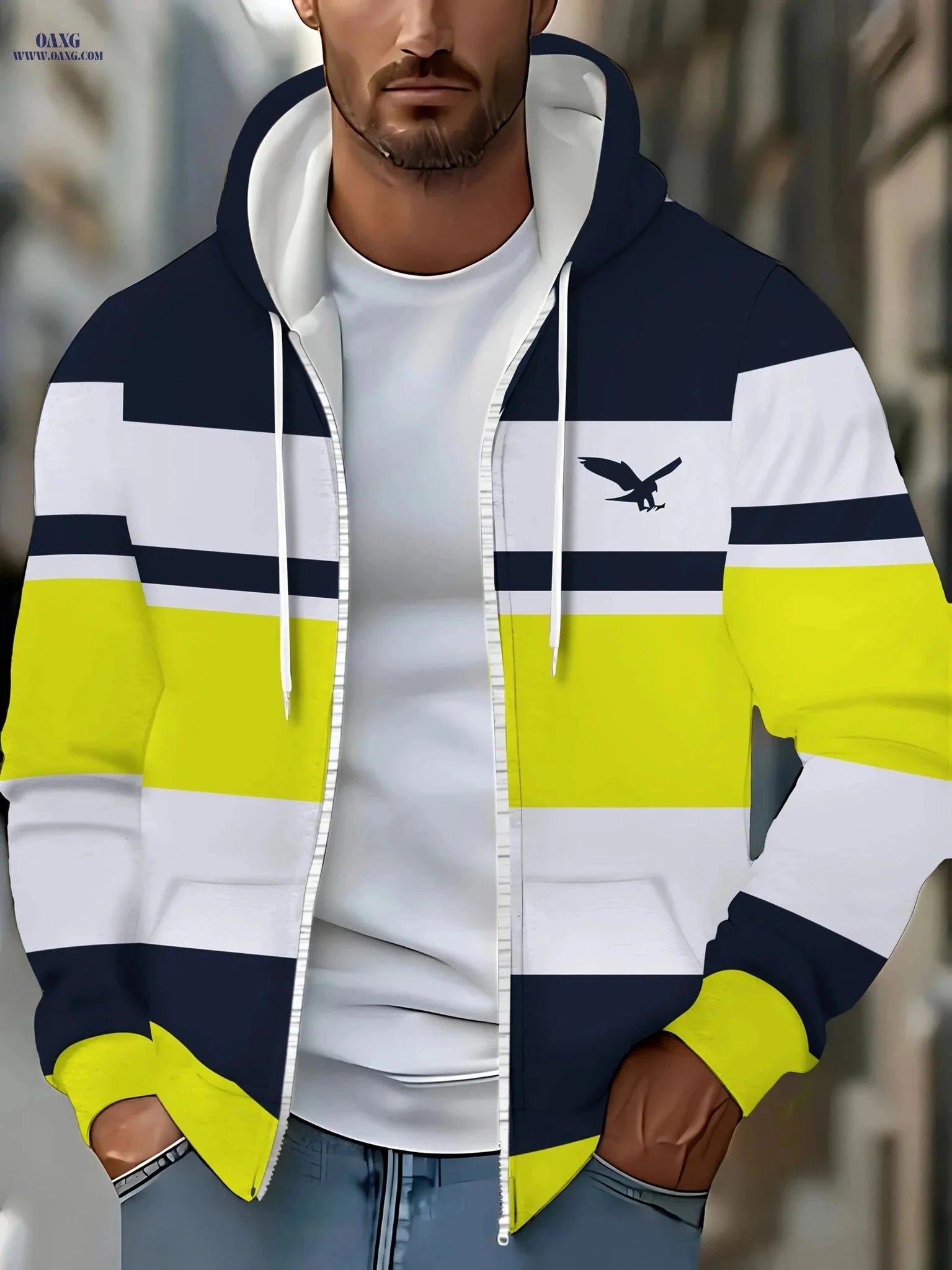 Men's Long Sleeve Zip-Up Sports Jacket - Cozy Hoodie with Eagle Design   OAXG Multicolor / FR M