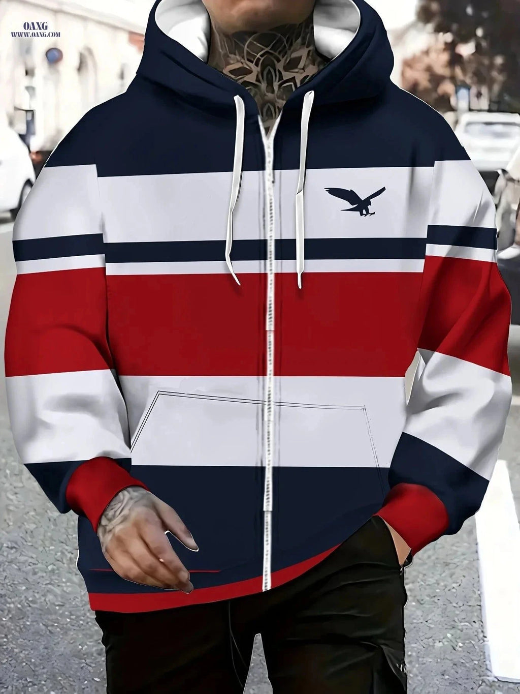 Men's Long Sleeve Zip-Up Sports Jacket - Cozy Hoodie with Eagle Design   OAXG Multicolor / FR M