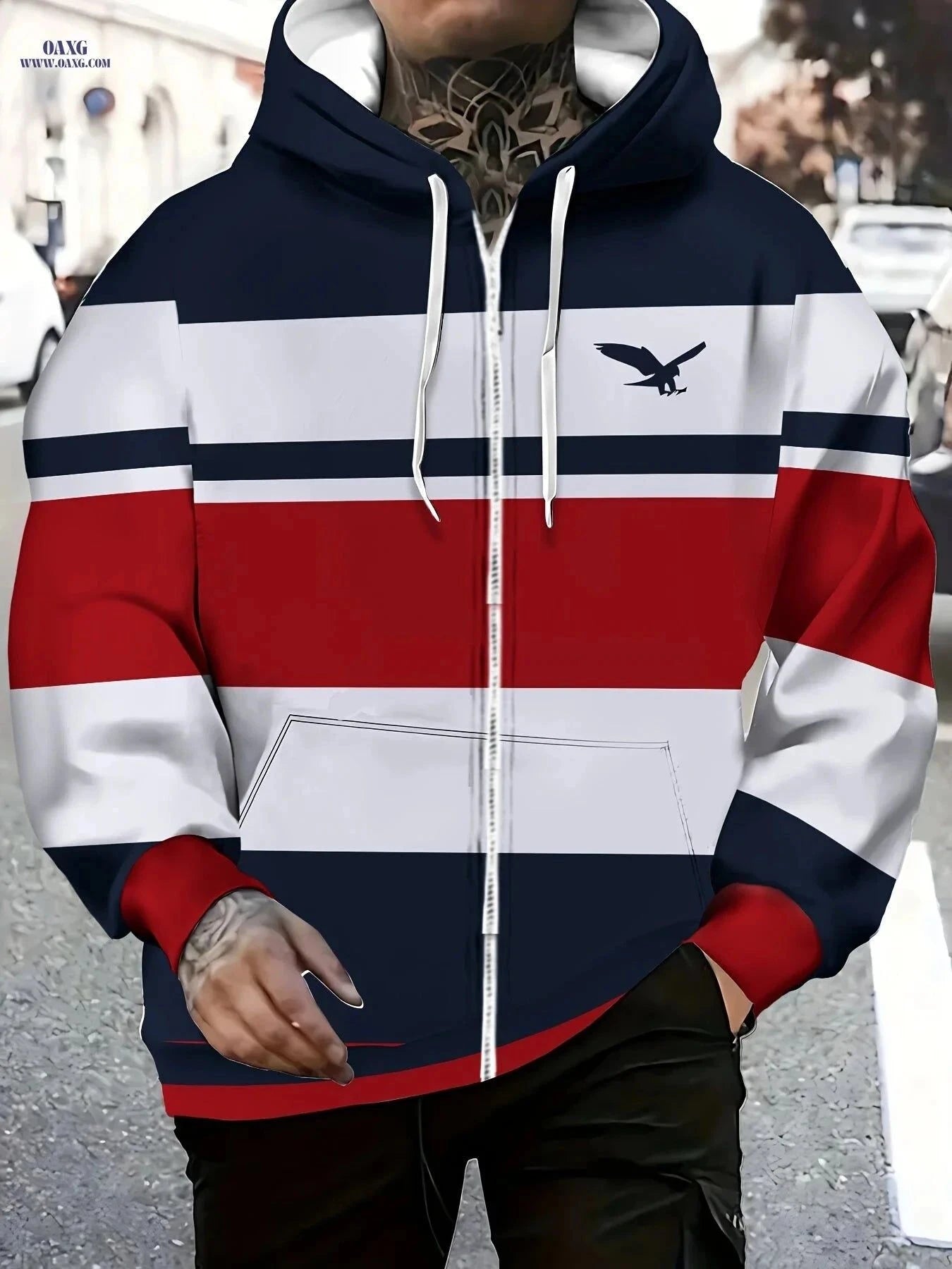 Men's Long Sleeve Zip-Up Sports Jacket - Cozy Hoodie with Eagle Design   OAXG Multicolor / FR M