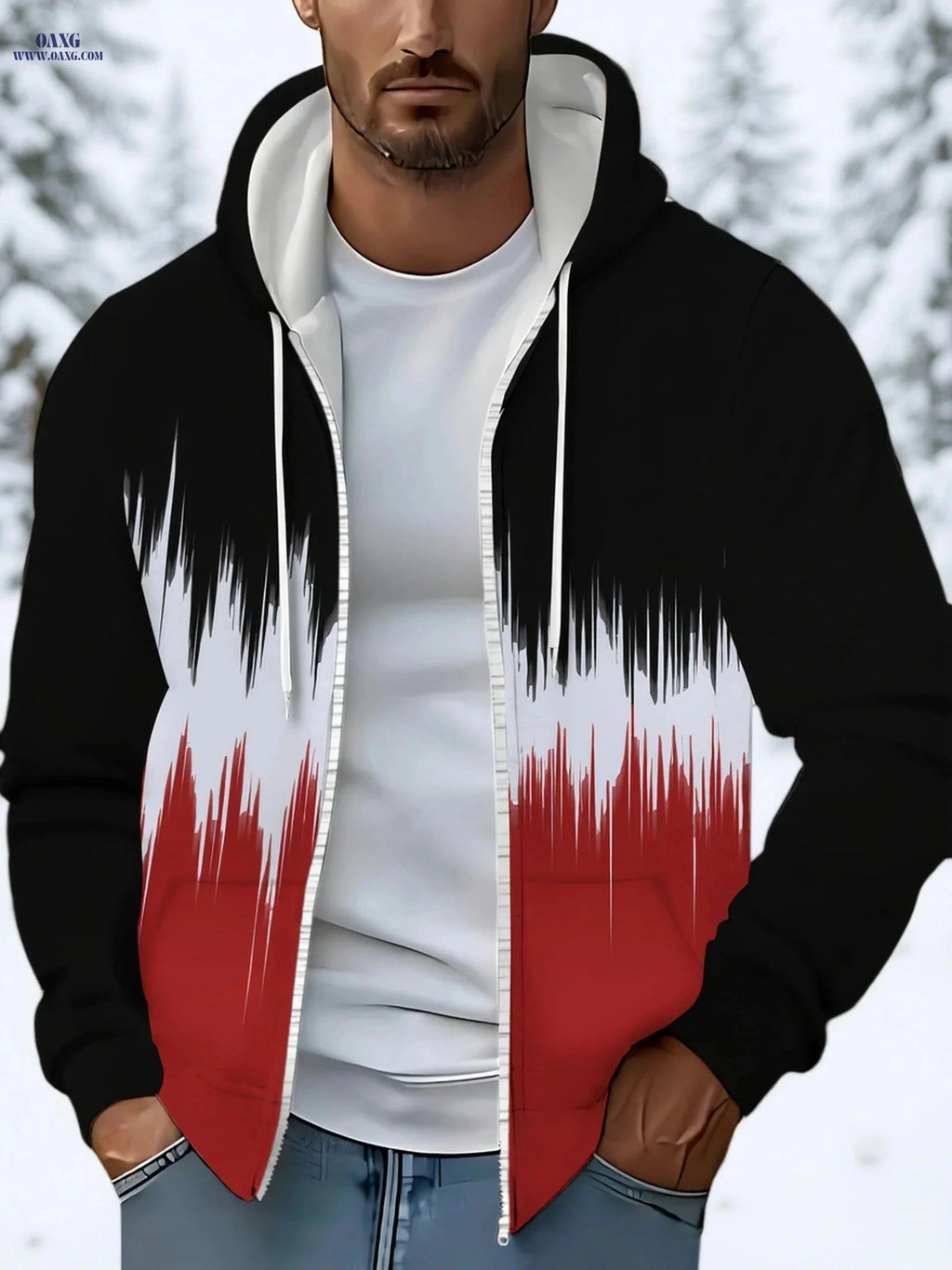 Men’s Long-Sleeve Zip-Up Sweatshirt - Casual Hooded with Pockets   OAXG Black / FR M