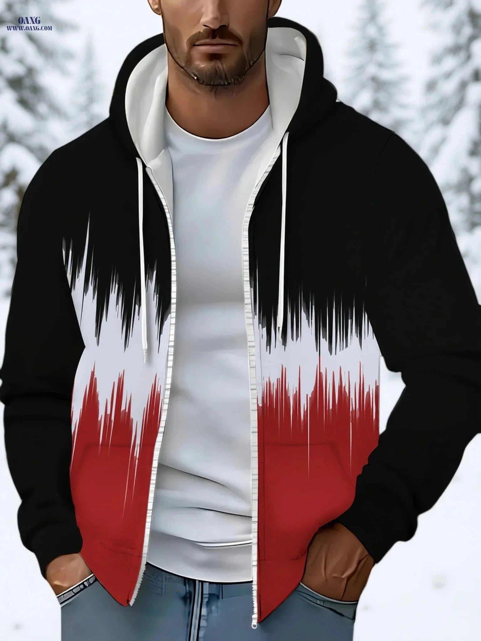 Men’s Long-Sleeve Zip-Up Sweatshirt - Casual Hooded with Pockets   OAXG Black / FR M