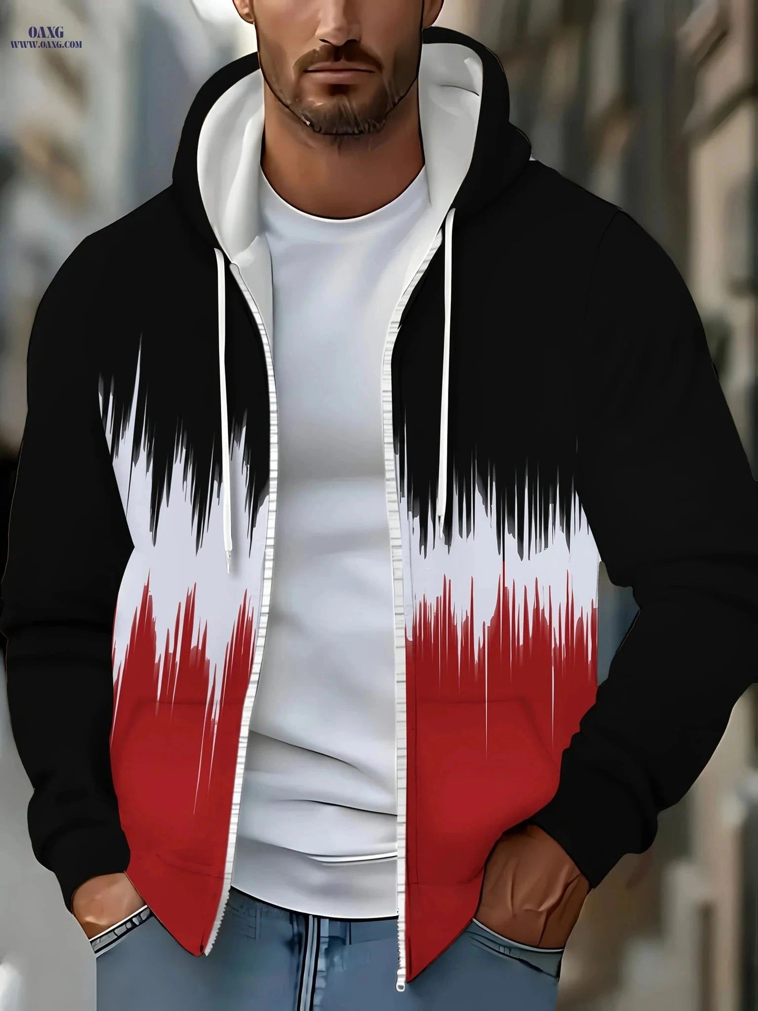 Men’s Long-Sleeve Zip-Up Sweatshirt - Casual Hooded with Pockets   OAXG Black / FR M