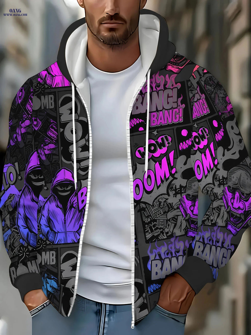 Men's Long Sleeve Zipper Hoodie - Cool Purple Pattern, Casual Style   OAXG 