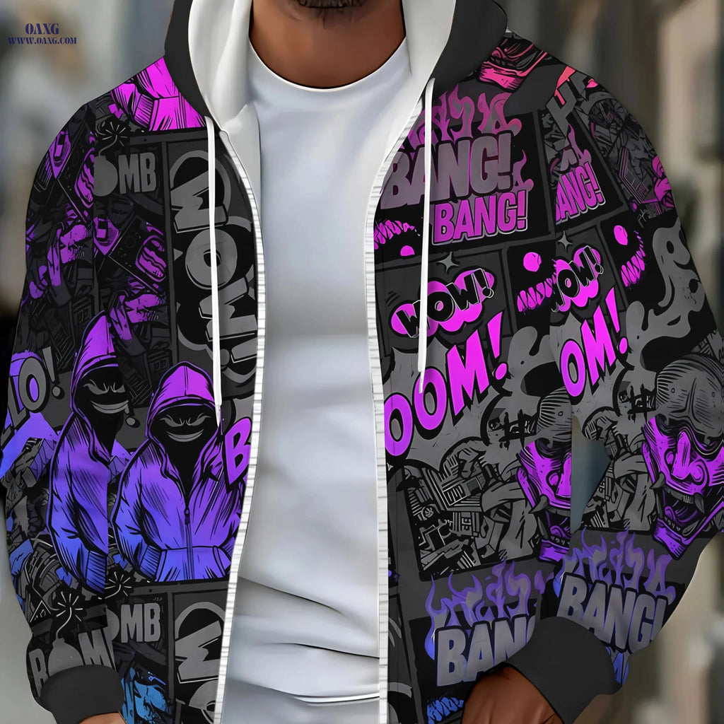 Men's Long Sleeve Zipper Hoodie - Cool Purple Pattern, Casual Style   OAXG 