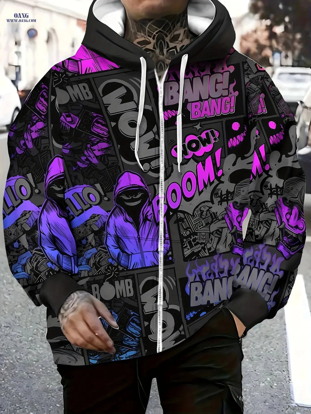 Men's Long Sleeve Zipper Hoodie - Cool Purple Pattern, Casual Style   OAXG Multicolor / FR M