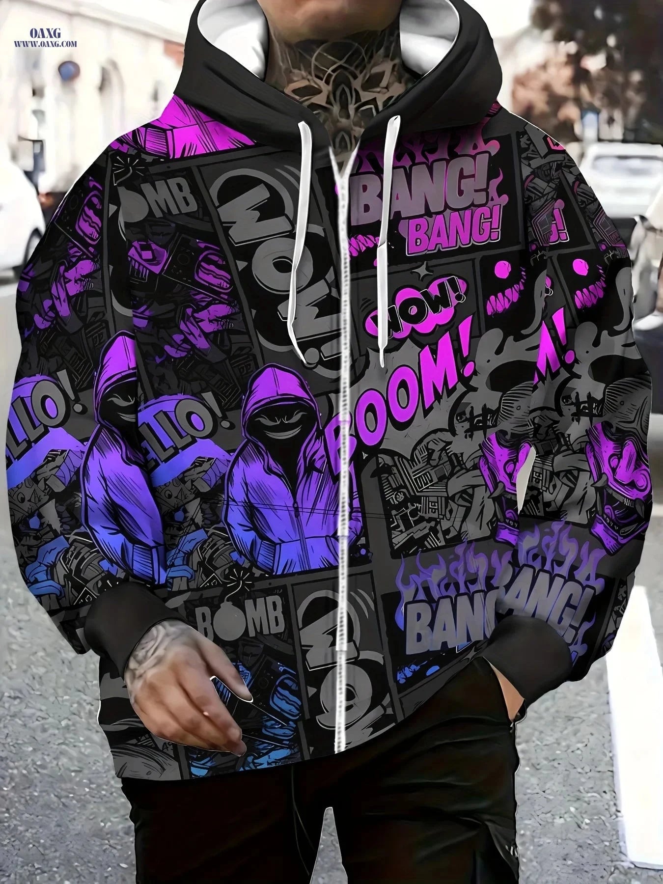 Men's Long Sleeve Zipper Hoodie - Cool Purple Pattern, Casual Style   OAXG Multicolor / FR M