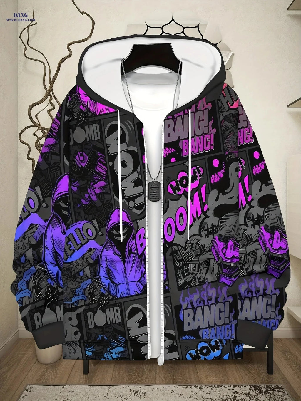 Men's Long Sleeve Zipper Hoodie - Cool Purple Pattern, Casual Style   OAXG Multicolor / FR M
