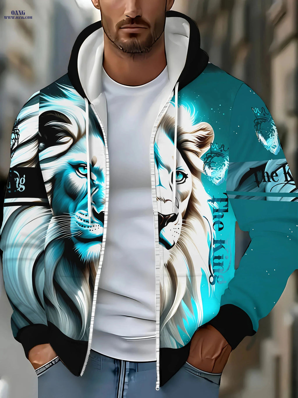 Men's Long-Sleeve Zippered Sports Jacket - Trendy Lion Design for Winter   OAXG Multicolor / FR M