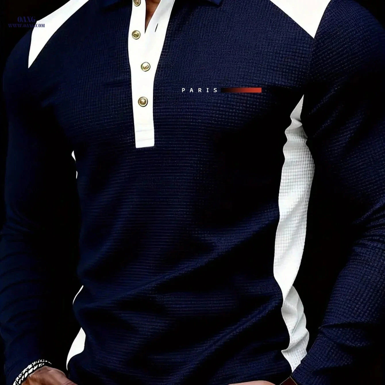 Men's Long-Sleeved Polo Shirt - Fashion Color-Blocking Design   OAXG 