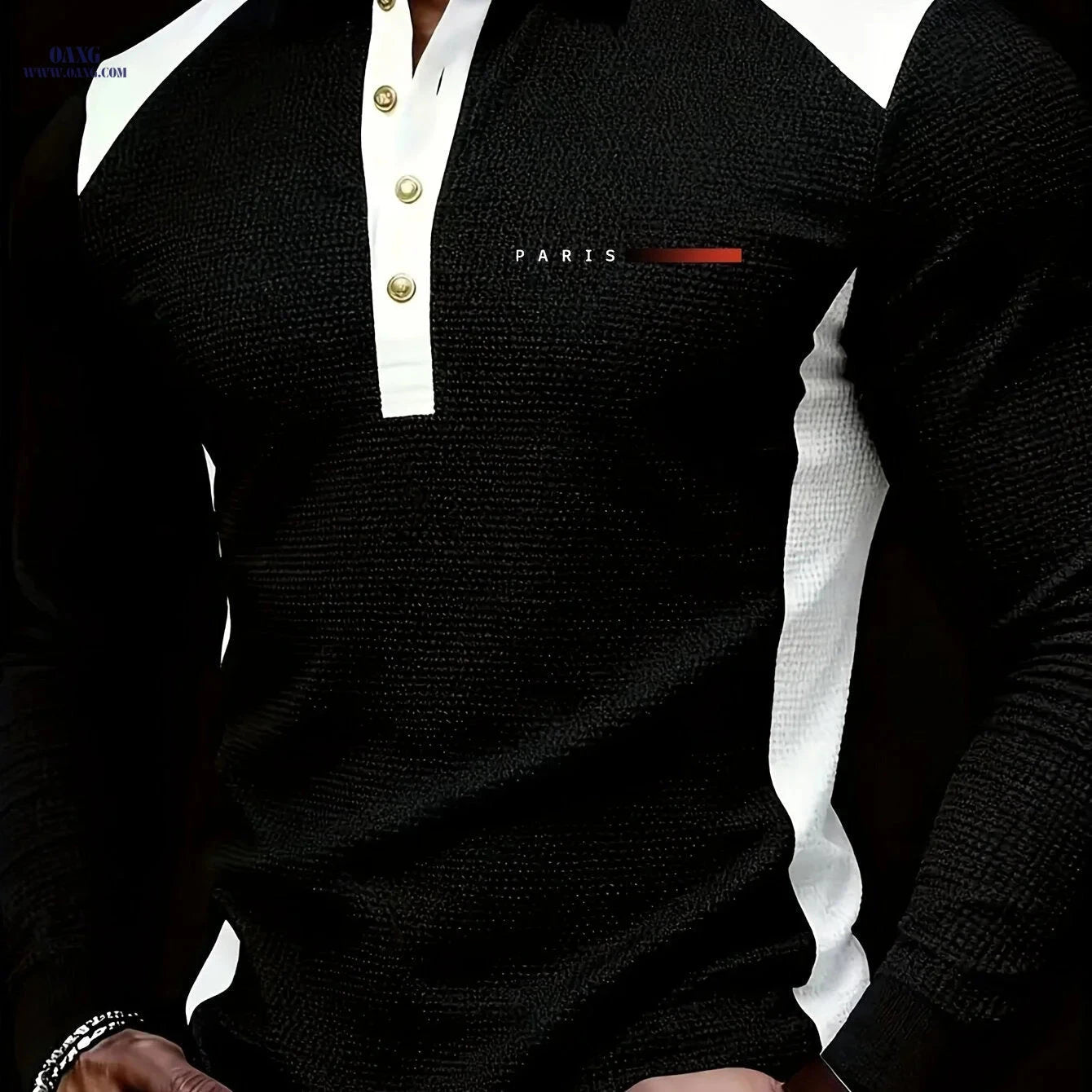 Men's Long-Sleeved Polo Shirt - Fashion Color-Blocking Design   OAXG 