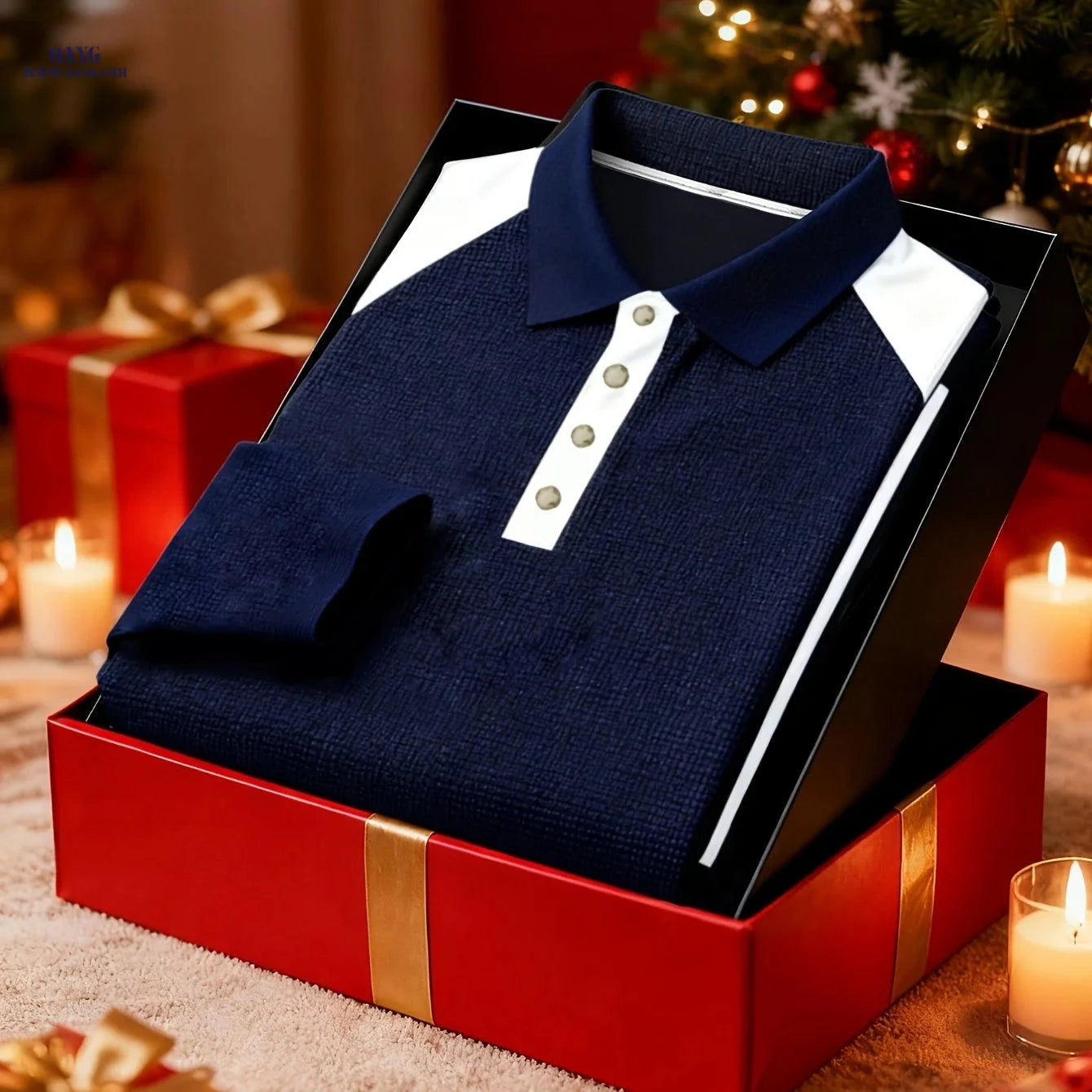Men's Long-Sleeved Polo Shirt - Fashion Color-Blocking Design   OAXG 