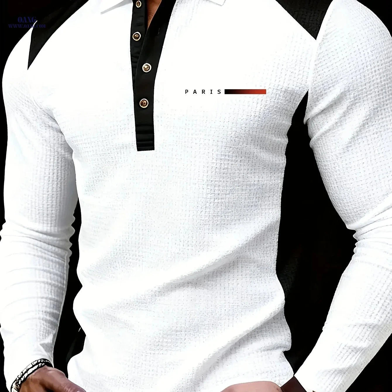 Men's Long-Sleeved Polo Shirt - Fashion Color-Blocking Design   OAXG 