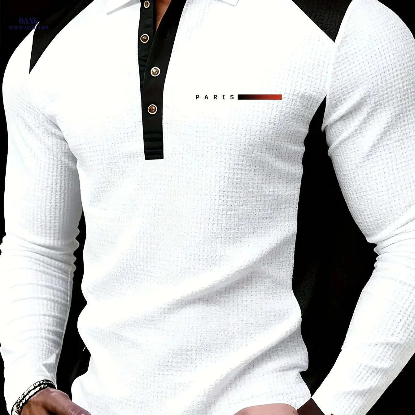 Men's Long-Sleeved Polo Shirt - Fashion Color-Blocking Design   OAXG 