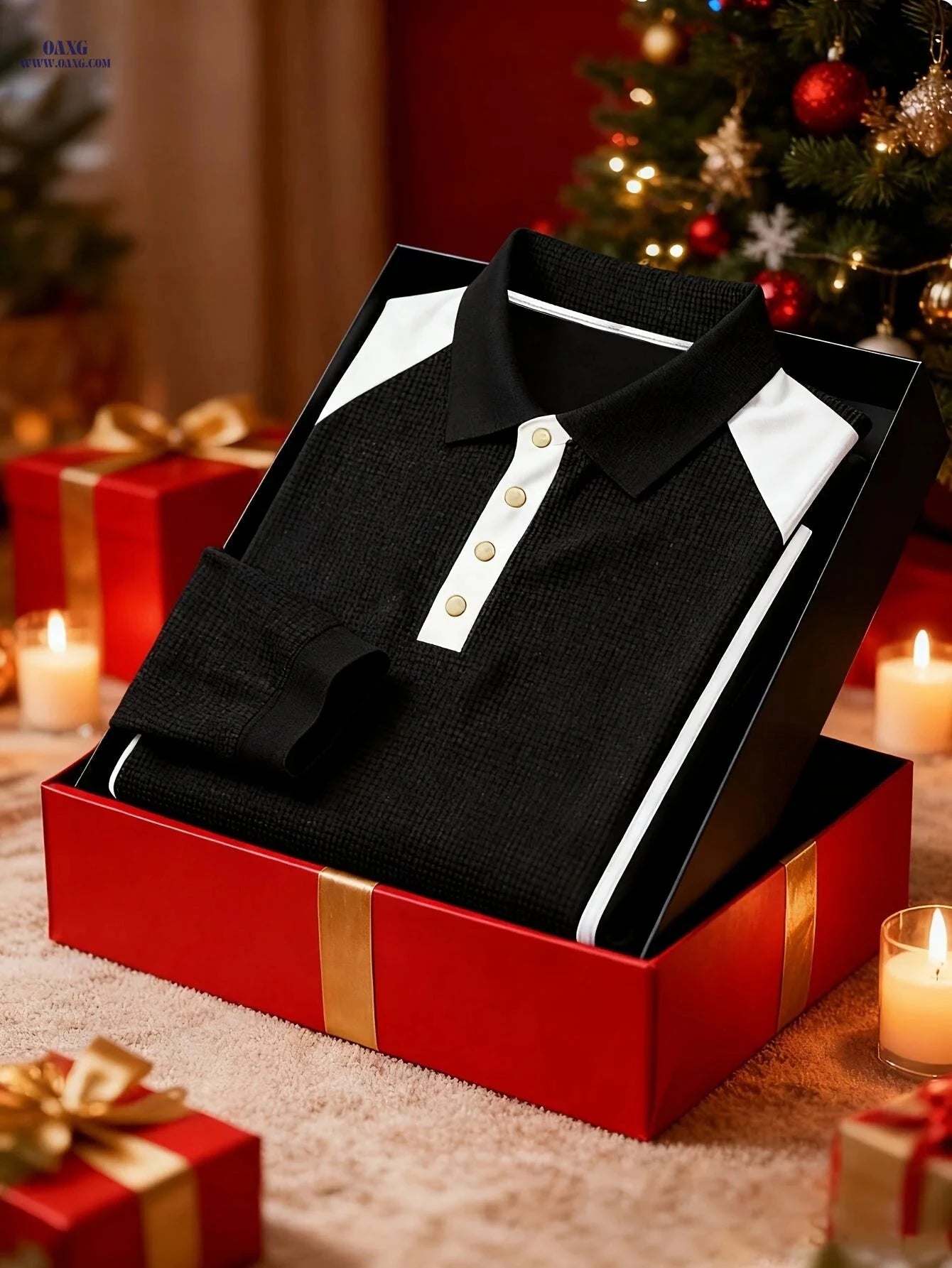 Men's Long-Sleeved Polo Shirt - Fashion Color-Blocking Design   OAXG 