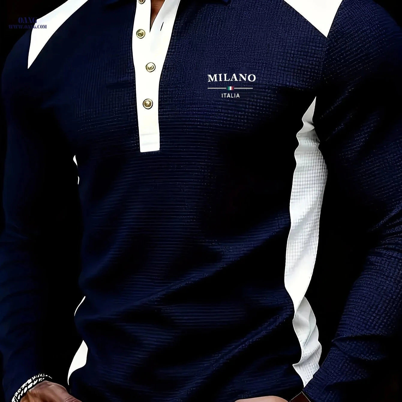 Men's Long-Sleeved Polo Shirt - Fashion Color-Blocking Design   OAXG 