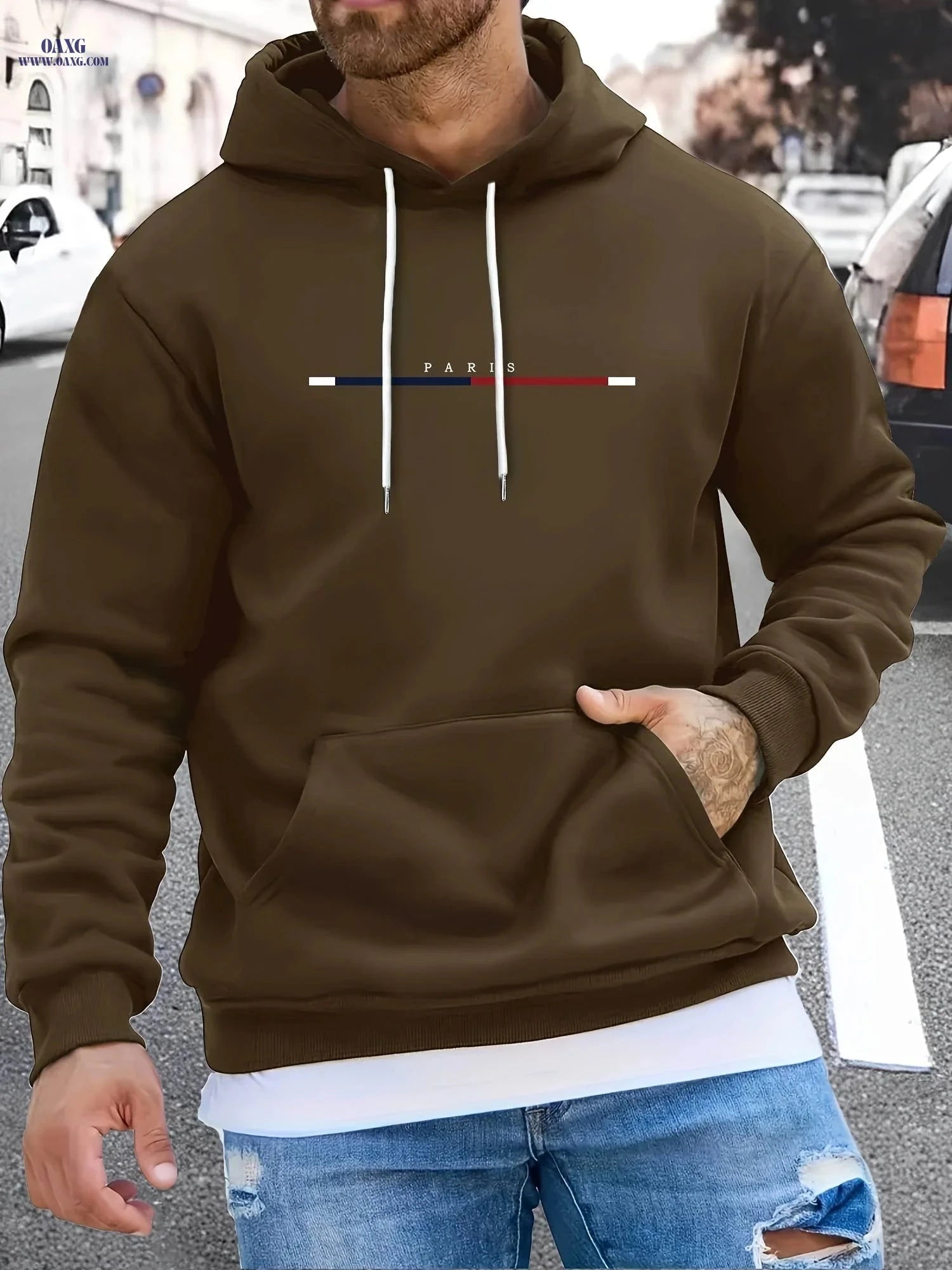 Men's Long Strip Print Pullover Hoodie - Casual Fashion for Fall/Winter   OAXG 