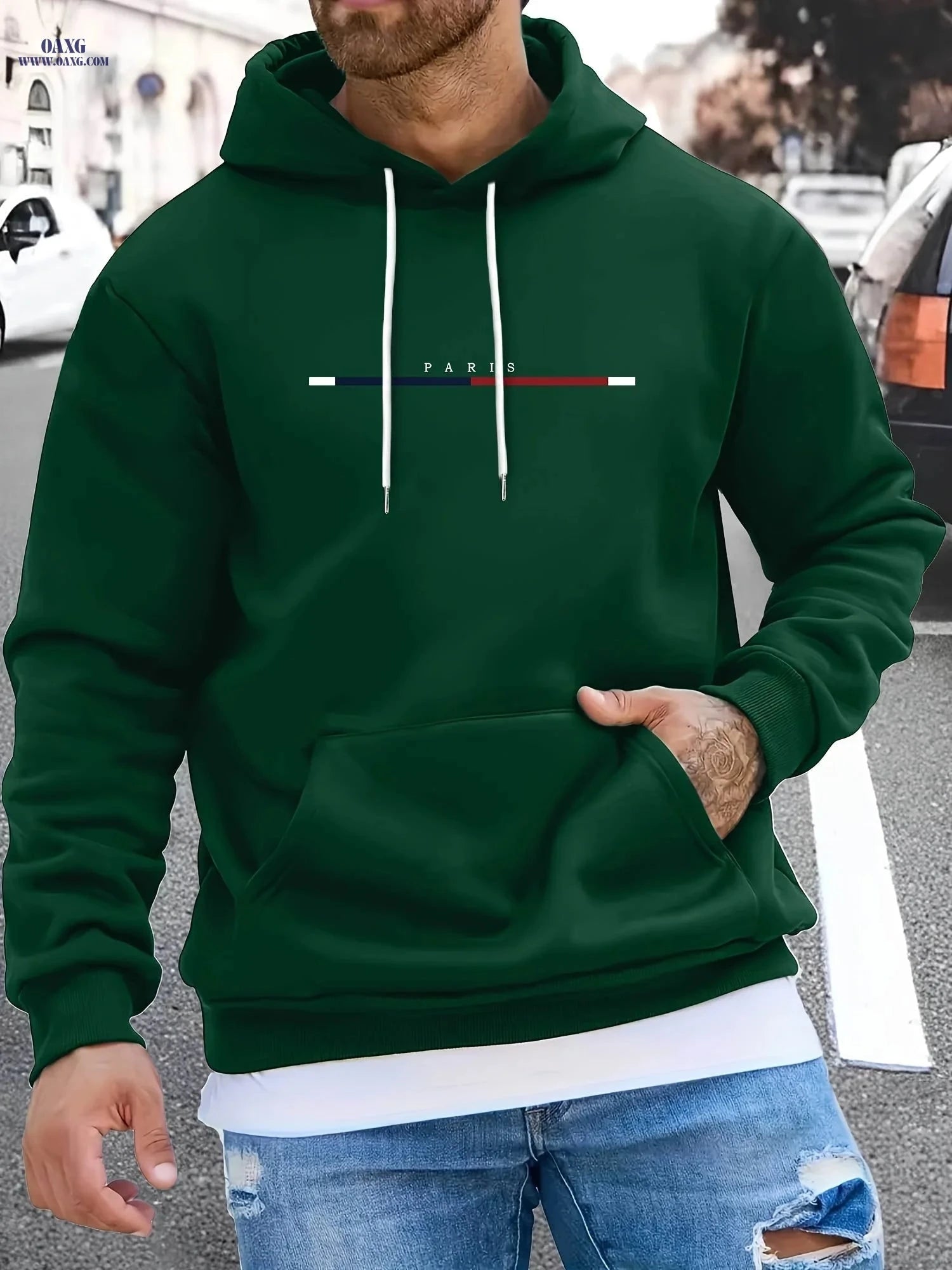 Men's Long Strip Print Pullover Hoodie - Casual Fashion for Fall/Winter   OAXG 