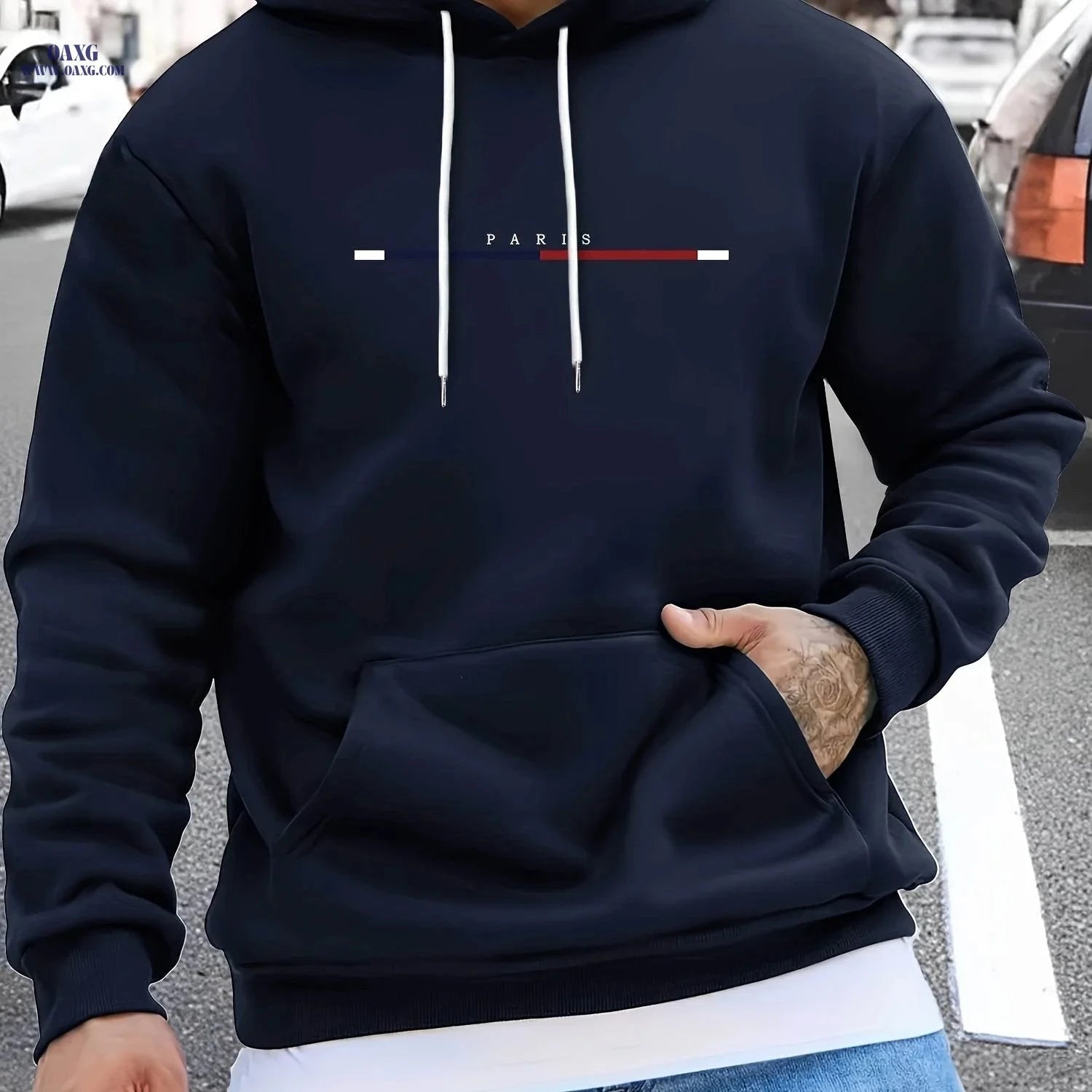 Men's Long Strip Print Pullover Hoodie - Casual Fashion for Fall/Winter   OAXG Black / FR S