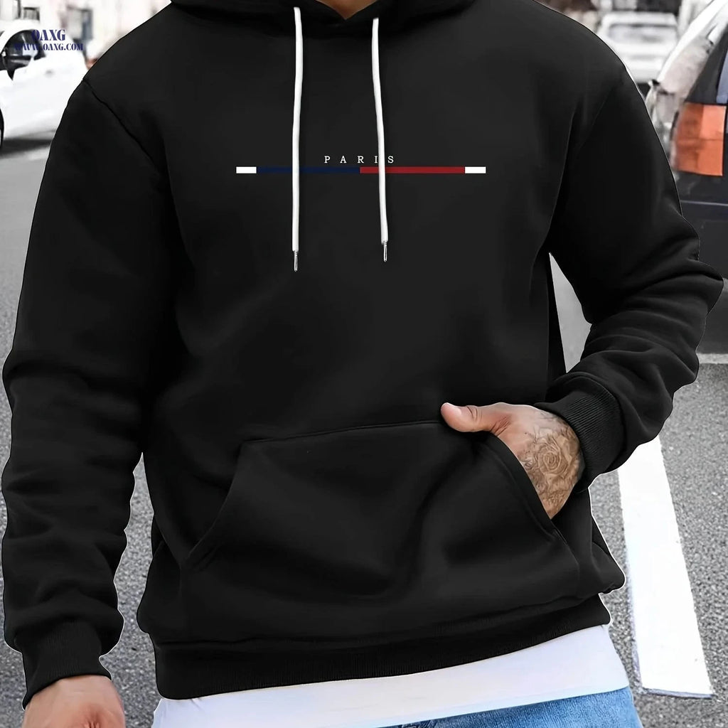 Men's Long Strip Print Pullover Hoodie - Casual Fashion for Fall/Winter   OAXG Black / FR S