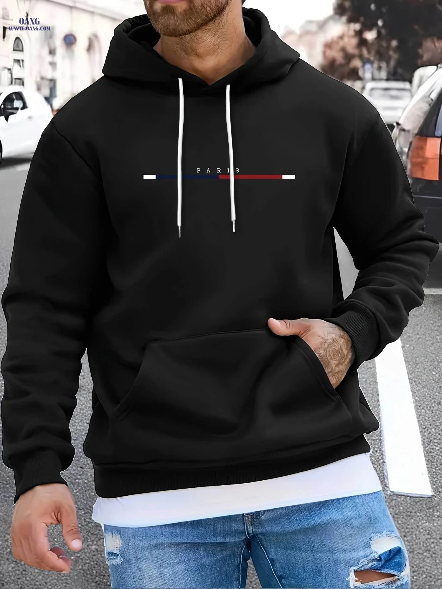 Men's Long Strip Print Pullover Hoodie - Casual Fashion for Fall/Winter   OAXG 