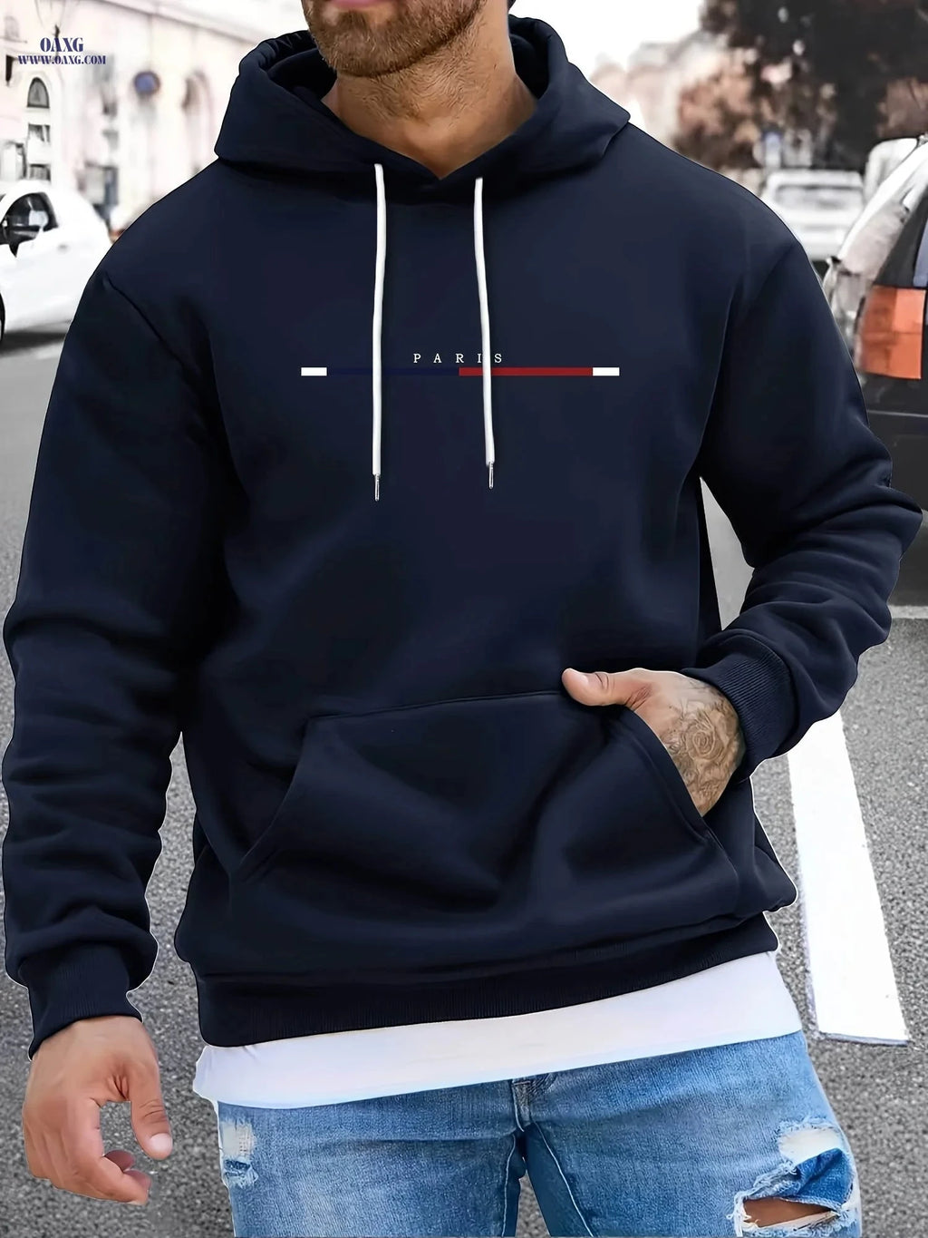 Men's Long Strip Print Pullover Hoodie - Casual Fashion for Fall/Winter   OAXG 