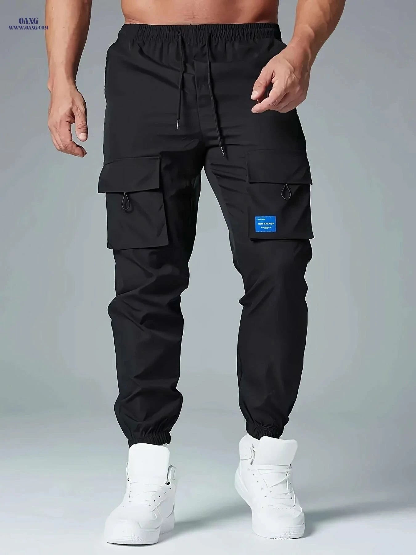 Men's Loose Cargo Joggers - Breathable Drawstring Pants with Pockets   OAXG Black / S