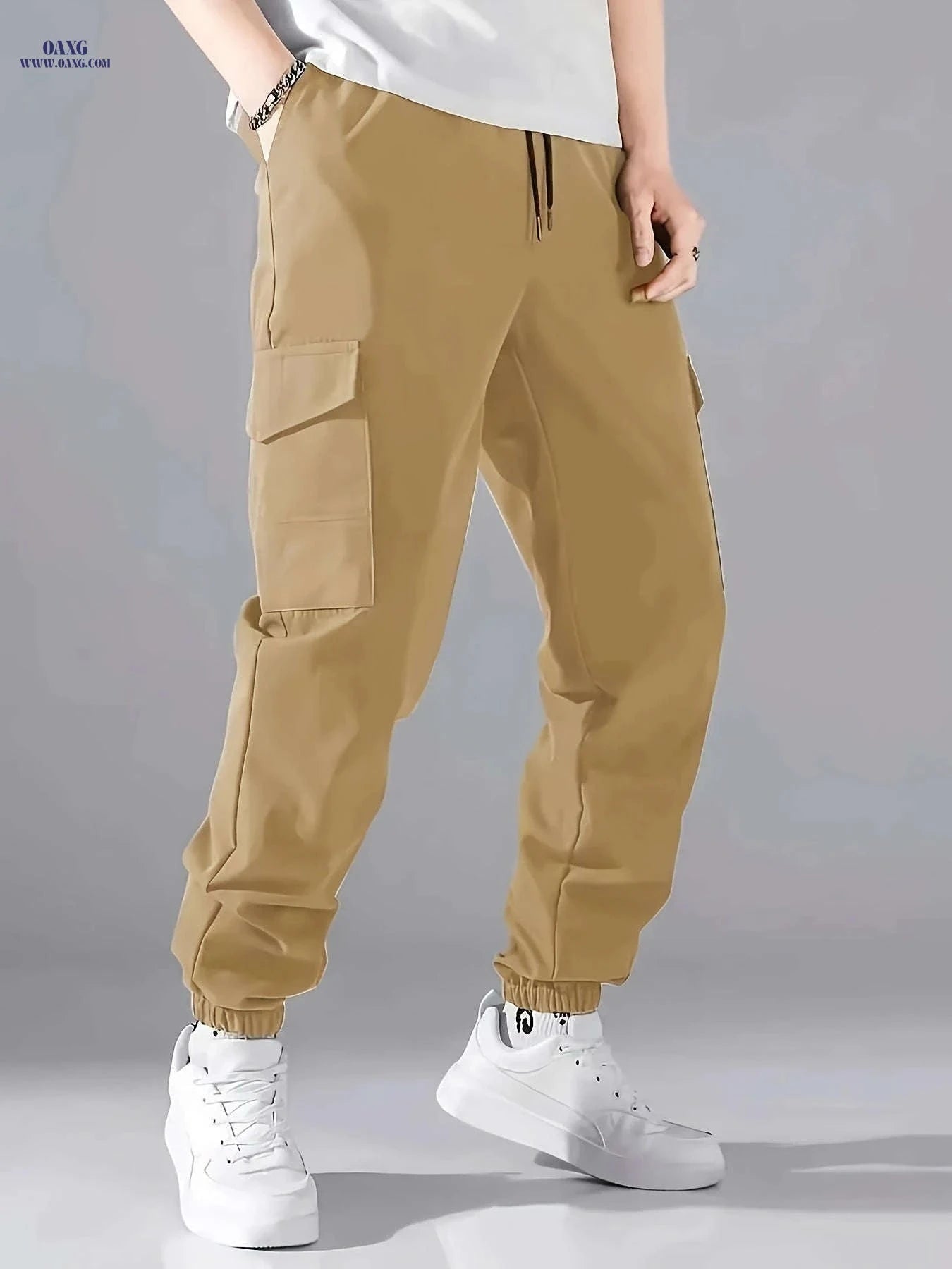 Men's Loose Drawstring Overalls - Multi-Pocket Casual Cargo Pants   OAXG Black / FR S