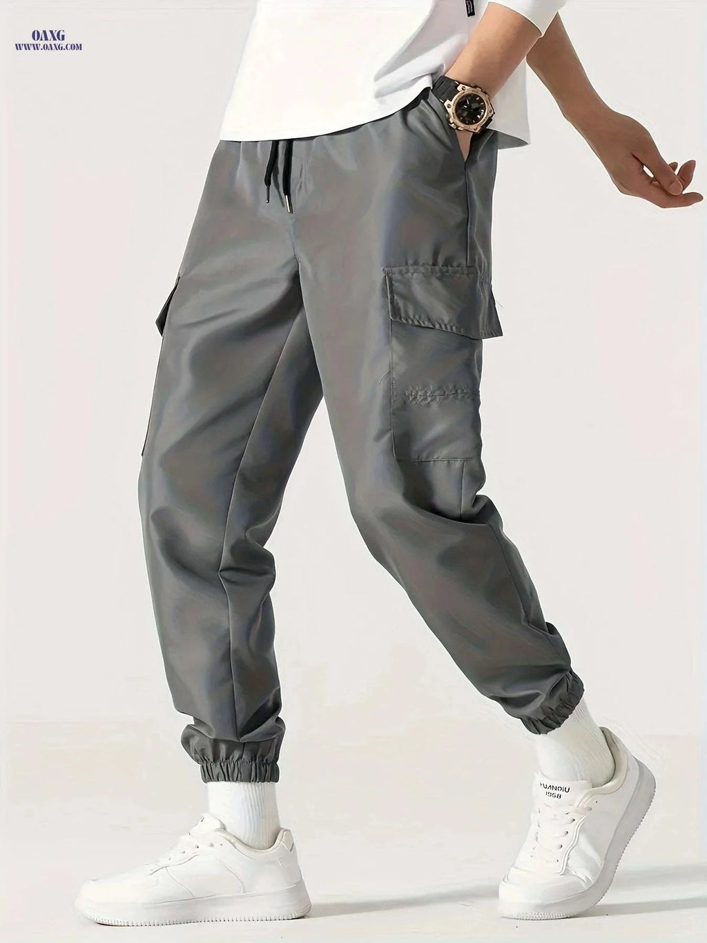 Men's Loose Drawstring Overalls - Multi-Pocket Casual Cargo Pants   OAXG Black / FR S