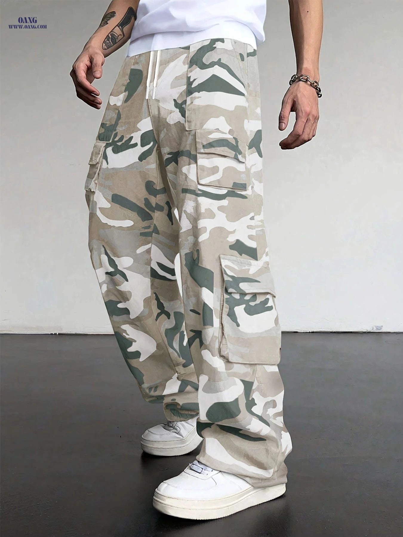 Men's Loose Fit Camouflage Cargo Pants - All Seasons, Multiple Pockets   OAXG Apricot Camouflage / FR S
