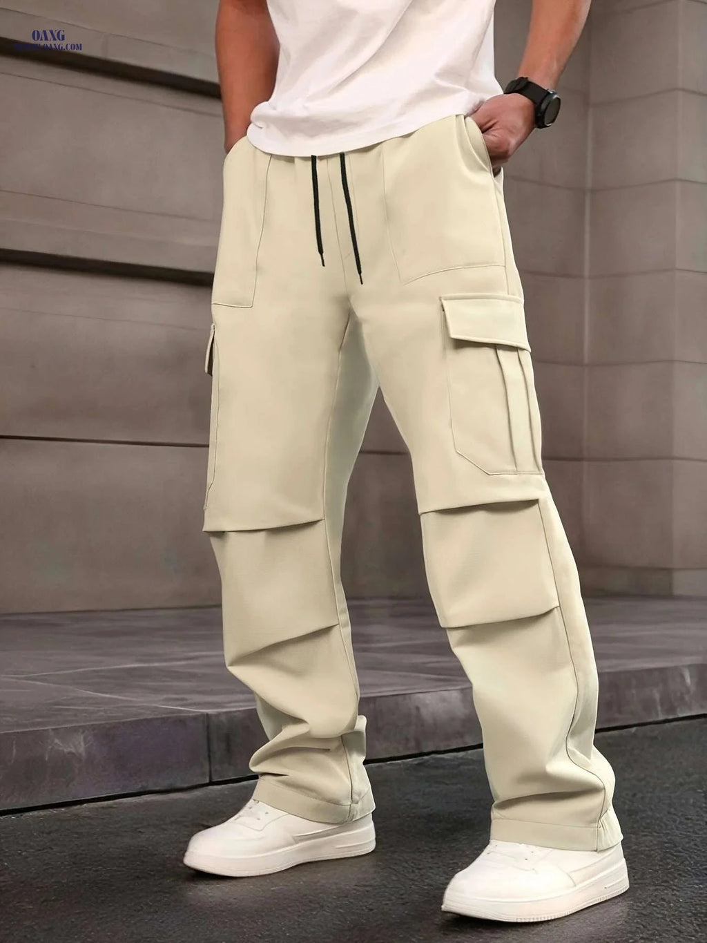 Men's Loose Fit Cargo Pants - Drawstring Waist, Multiple Pockets   OAXG 