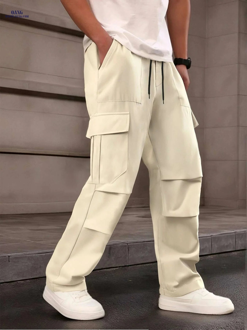 Men's Loose Fit Cargo Pants - Drawstring Waist, Multiple Pockets   OAXG Apricot / S