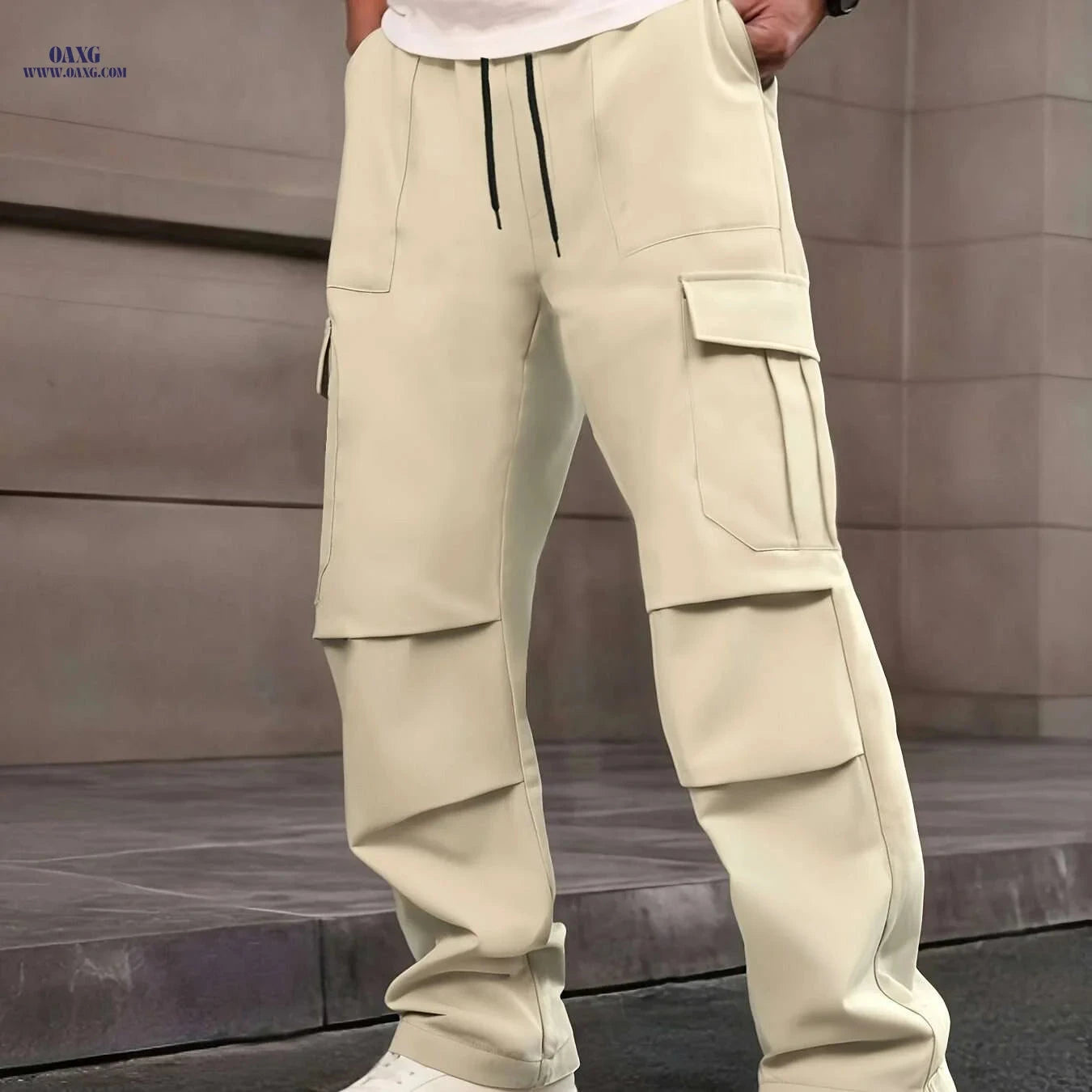 Men's Loose Fit Cargo Pants - Drawstring Waist, Multiple Pockets   OAXG Apricot / S