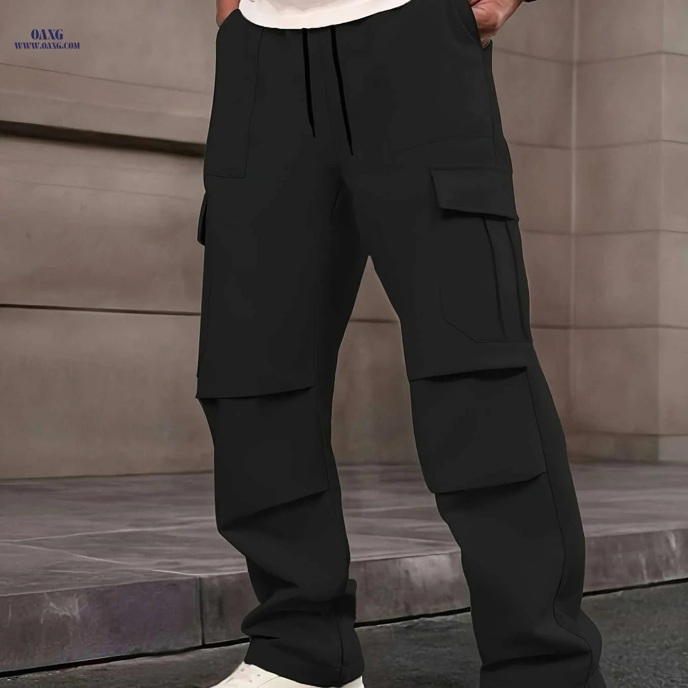 Men's Loose Fit Cargo Pants - Drawstring Waist, Multiple Pockets   OAXG Apricot / S