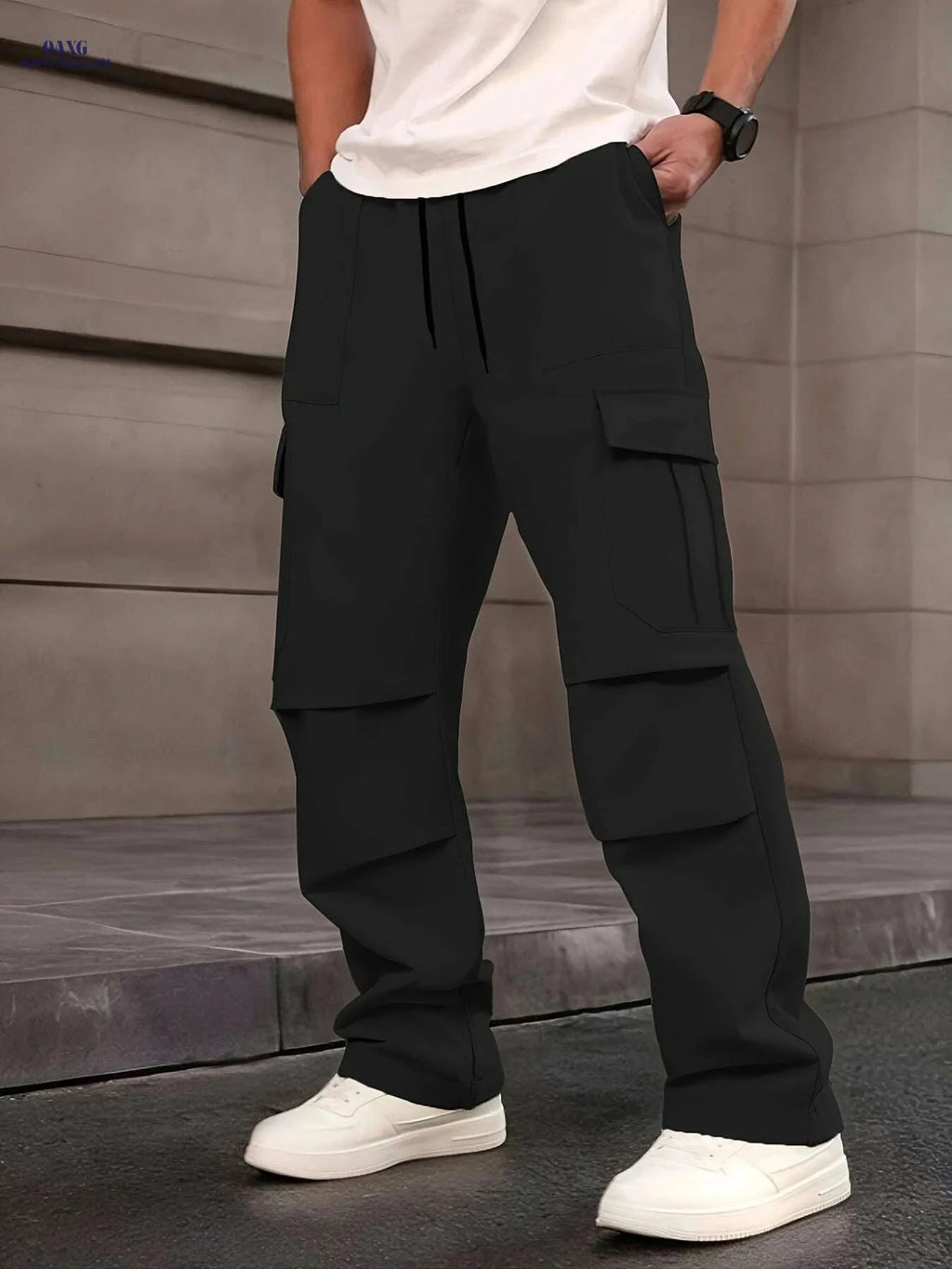 Men's Loose Fit Cargo Pants - Drawstring Waist, Multiple Pockets   OAXG Apricot / S