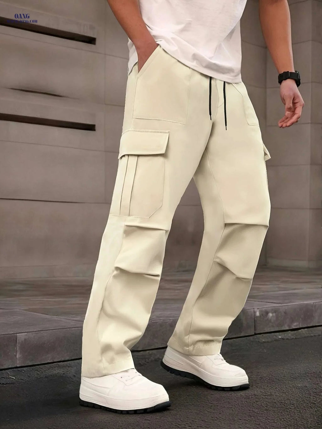 Men's Loose Fit Cargo Pants - Drawstring Waist, Multiple Pockets   OAXG Apricot / S