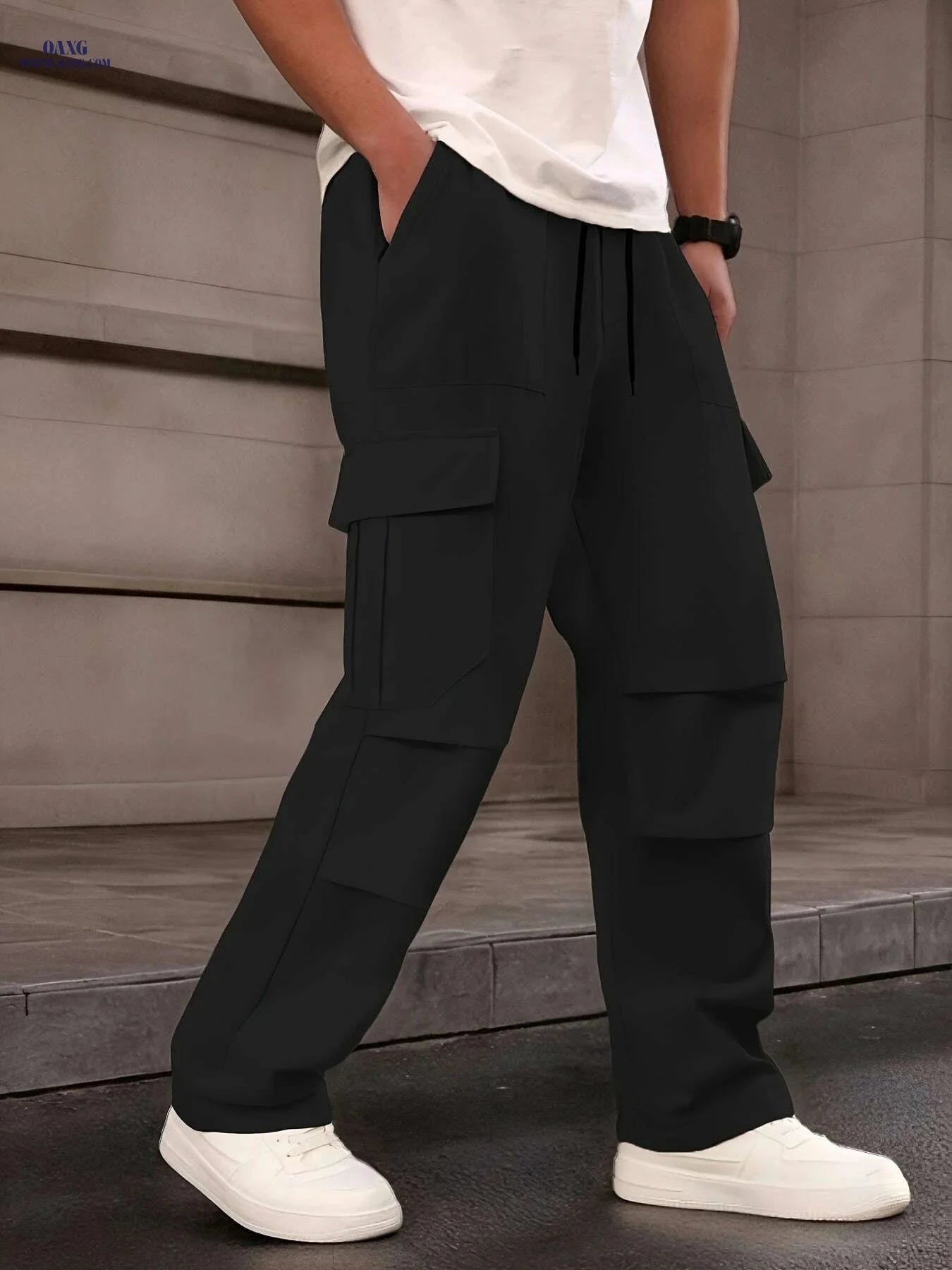 Men's Loose Fit Cargo Pants - Drawstring Waist, Multiple Pockets   OAXG 
