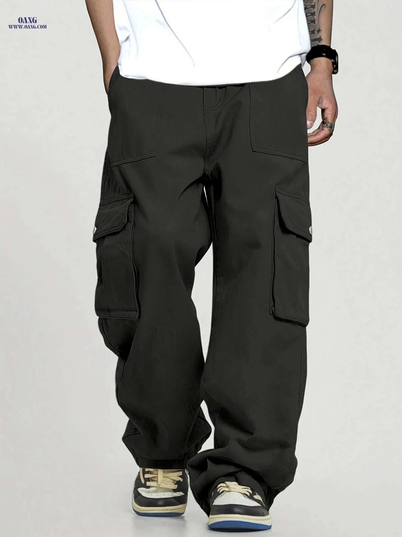 Men's Loose Fit Cargo Pants - Elastic Waist, Multiple Utility Pockets   OAXG 