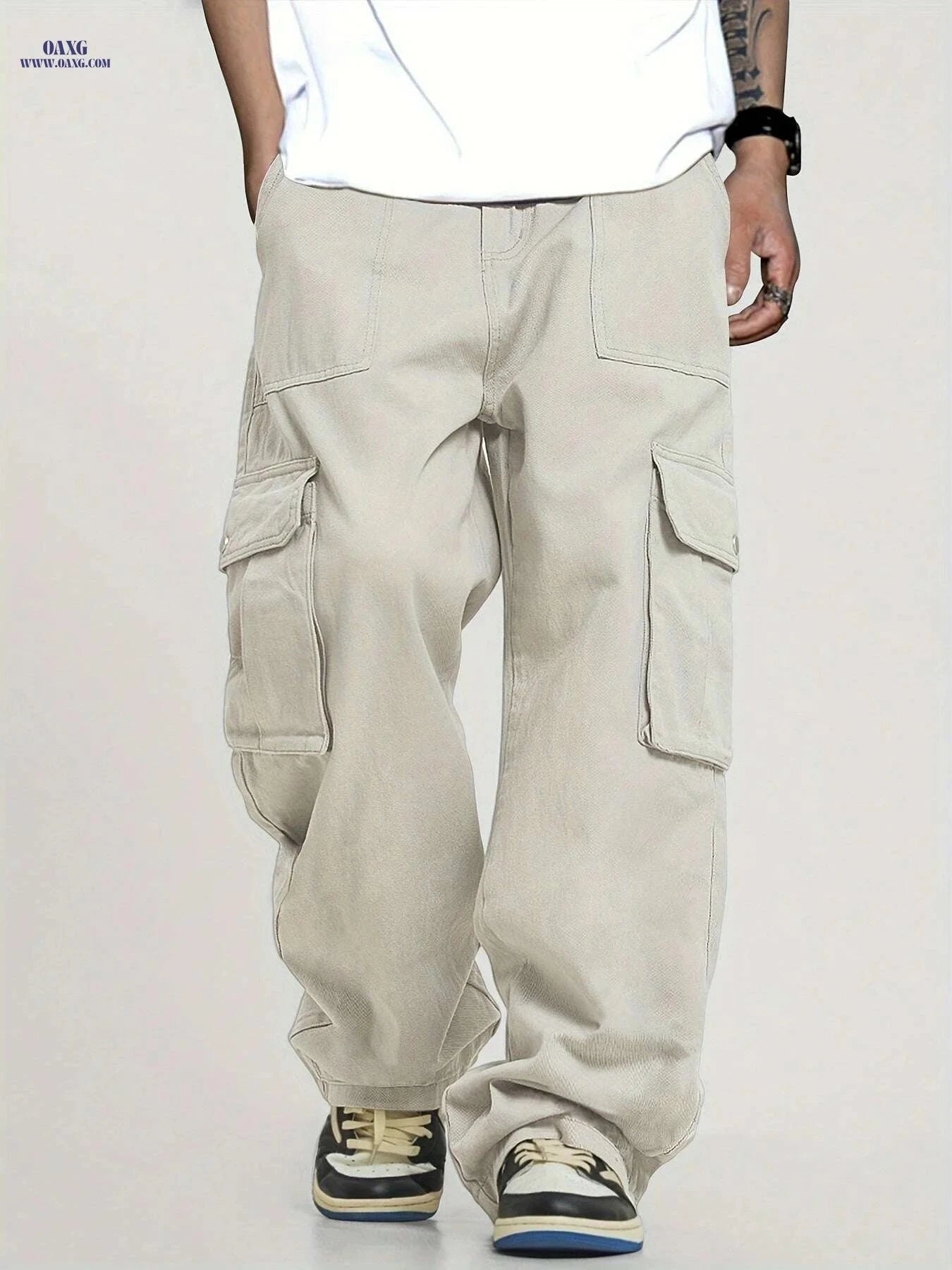 Men's Loose Fit Cargo Pants - Elastic Waist, Multiple Utility Pockets   OAXG Black / S