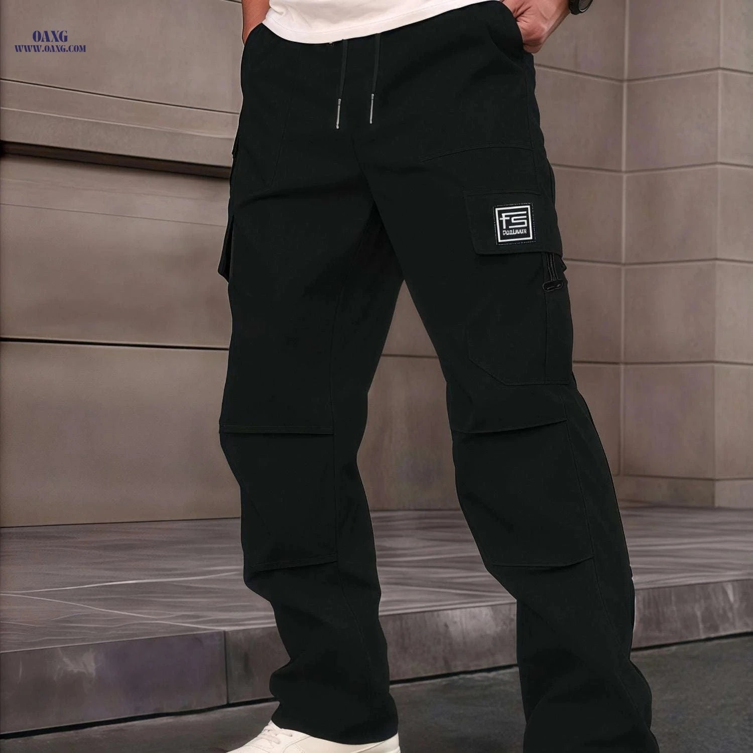 Men's Loose Fit Cargo Pants - Multifunctional Pockets & Drawstring Waist   OAXG Black / FR S