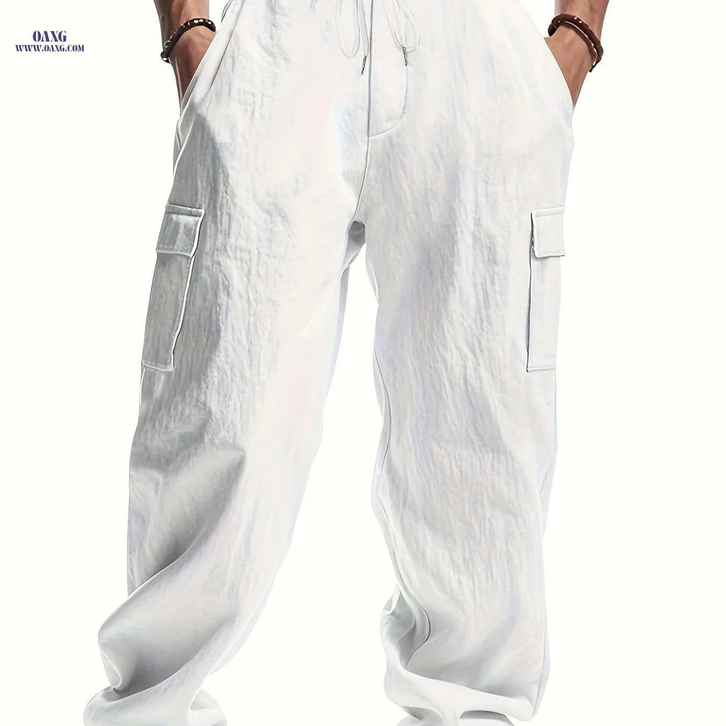 Men's Loose Fit Casual Long Pants - Breathable Multi-Pocket Style   OAXG White / FR M