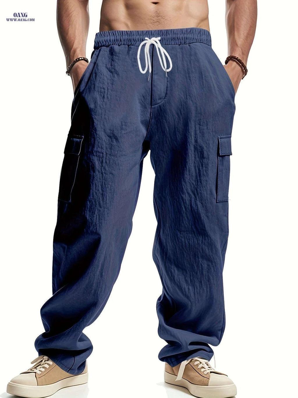 Men's Loose Fit Casual Long Pants - Breathable Multi-Pocket Style   OAXG White / FR M