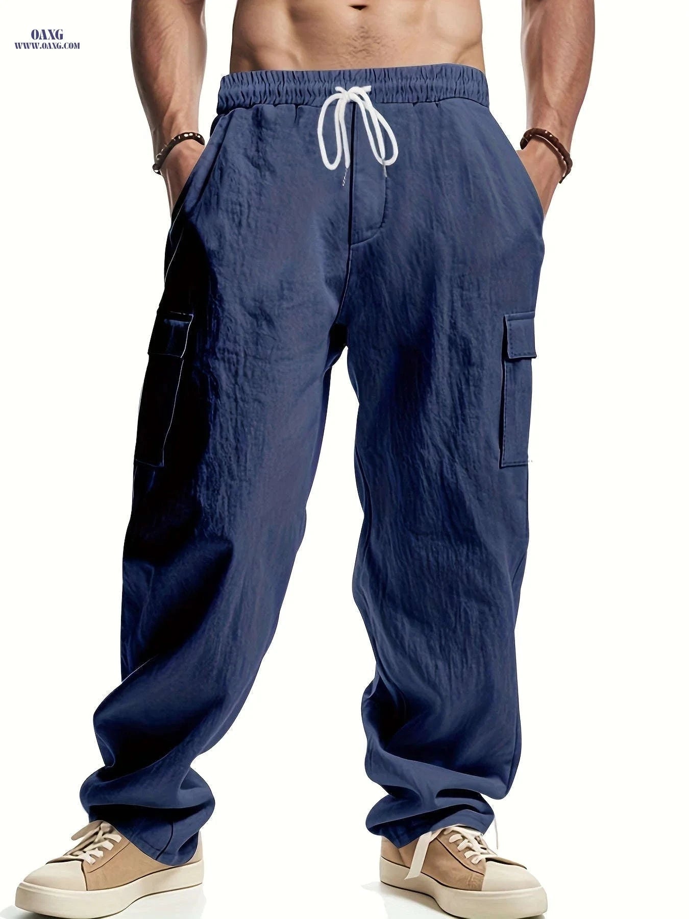 Men's Loose Fit Casual Long Pants - Breathable Multi-Pocket Style   OAXG White / FR M