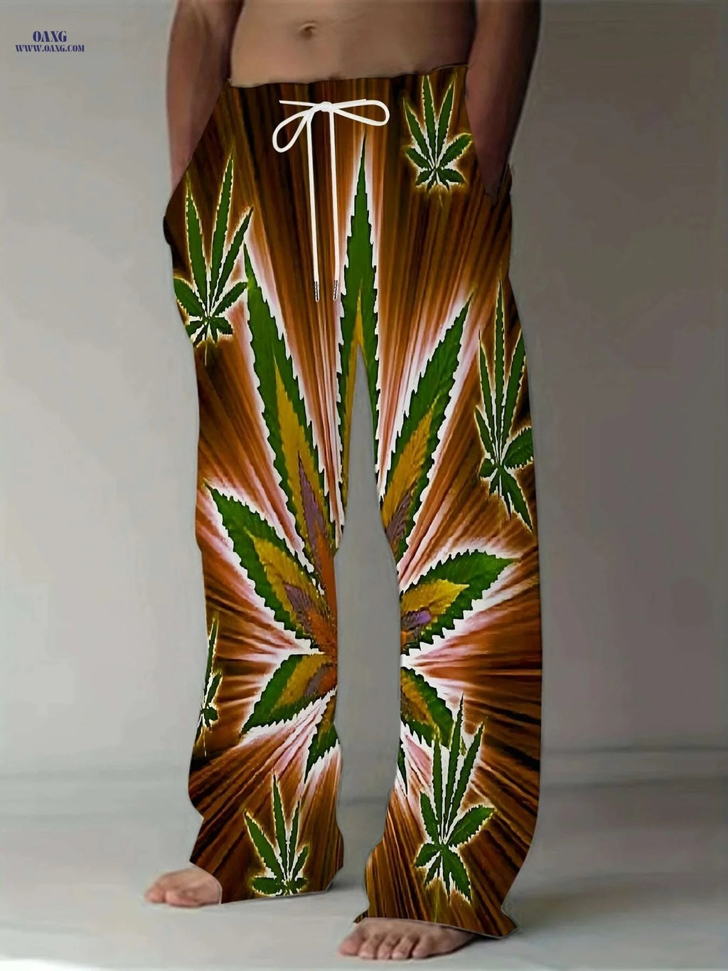 Men's Loose Fit Casual Pants - Green & White Leaf Print Streetwear   OAXG Green / M