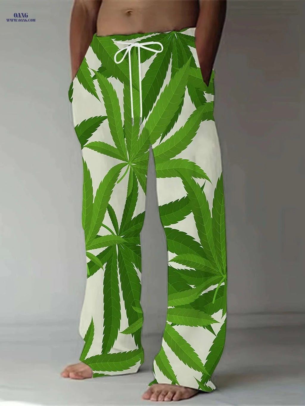 Men's Loose Fit Casual Pants - Green & White Leaf Print Streetwear   OAXG Green / M