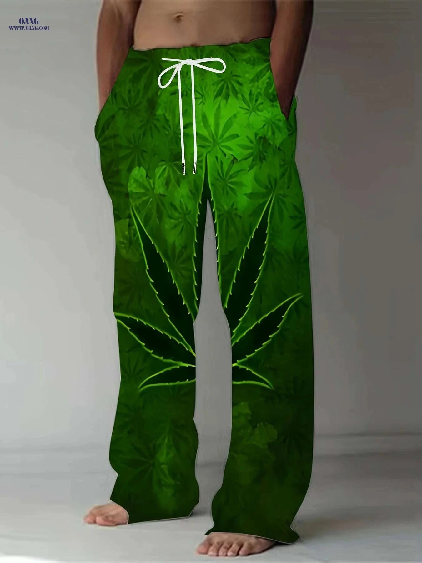 Men's Loose Fit Casual Pants - Green & White Leaf Print Streetwear   OAXG Green / M