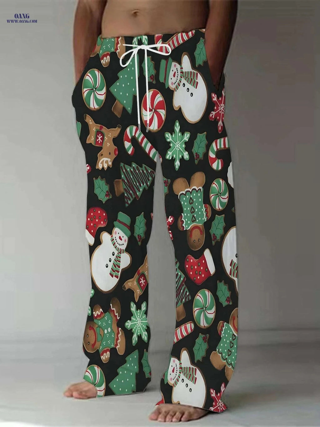 Men's Loose-Fit Christmas Pants - Snowman & Gingerbread Print   OAXG 