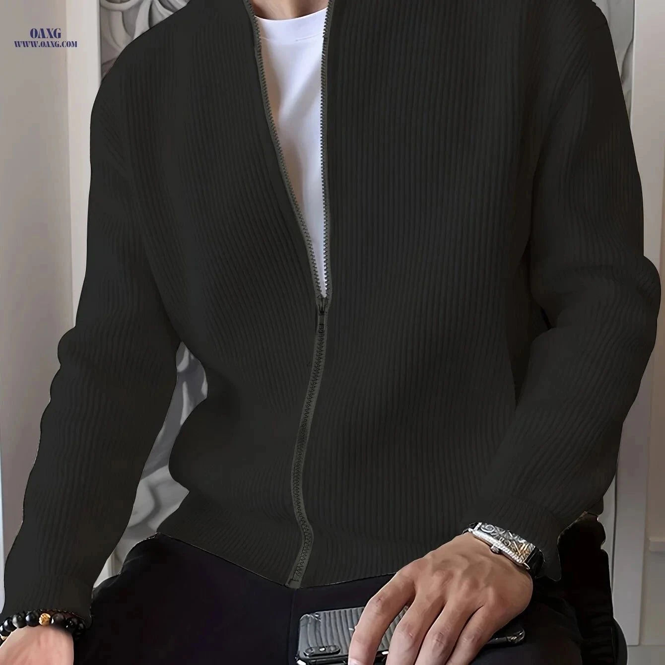 Men's Loose Fit Knit Sweater Cardigan - Zippered, Casual Fashion   OAXG White / FR S