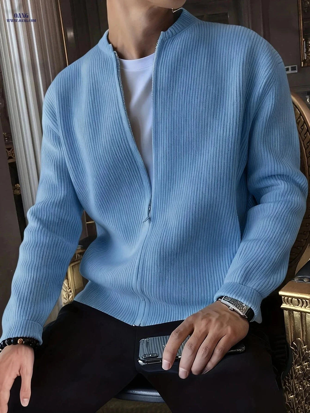Men's Loose Fit Knit Sweater Cardigan - Zippered, Casual Fashion   OAXG White / FR S