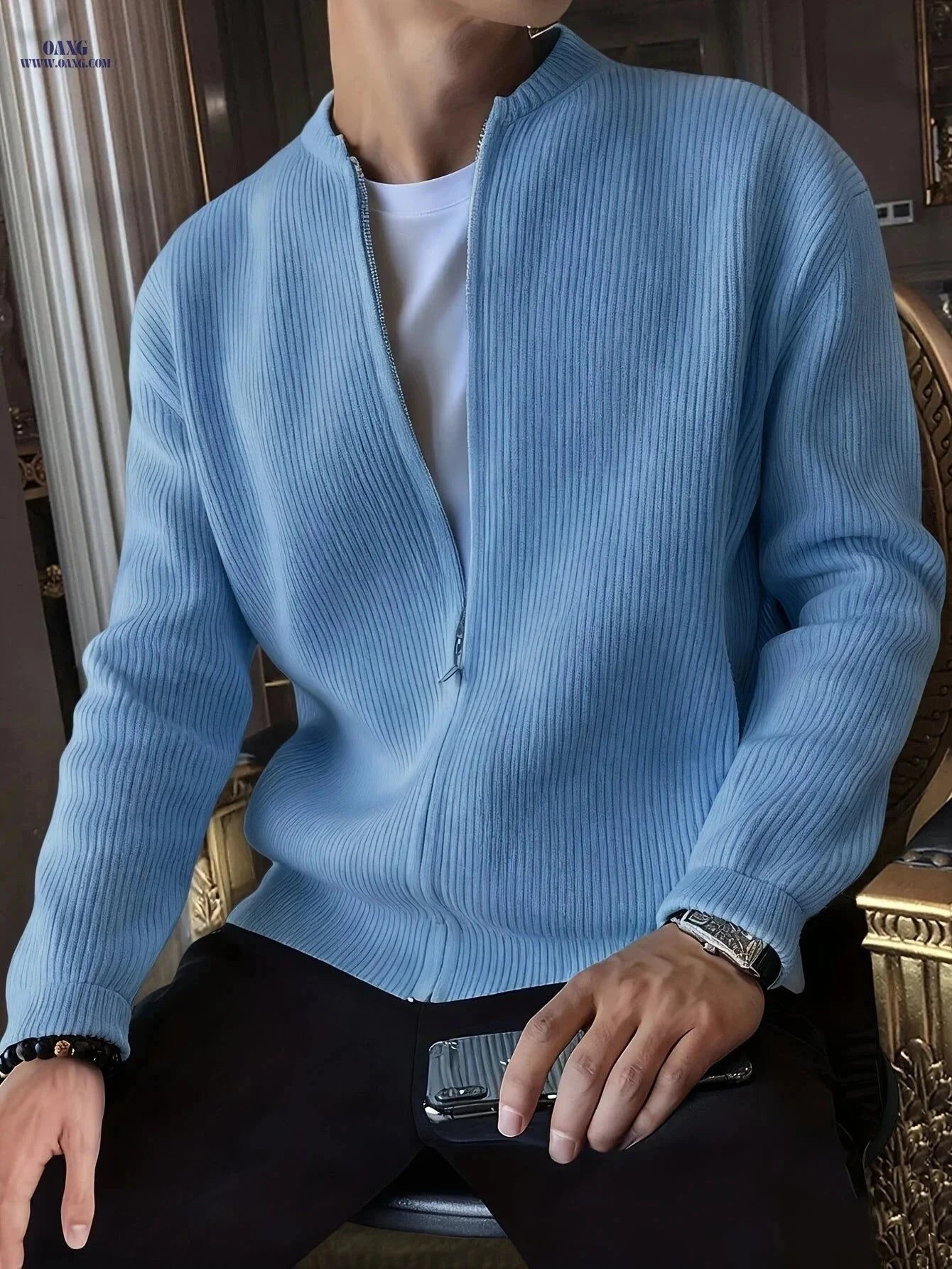 Men's Loose Fit Knit Sweater Cardigan - Zippered, Casual Fashion   OAXG White / FR S
