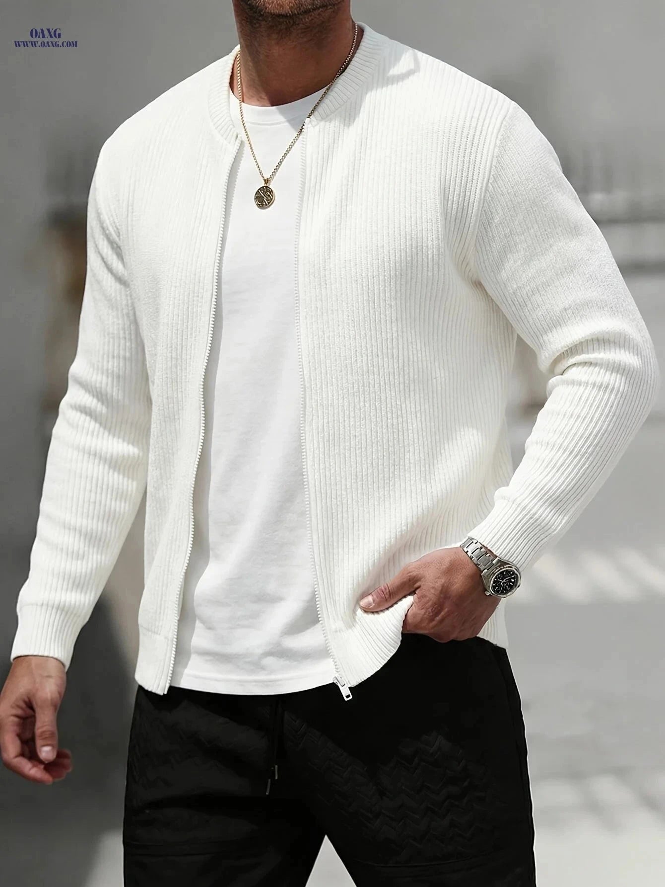 Men's Loose Fit Knit Sweater Cardigan - Zippered, Casual Fashion   OAXG White / FR S
